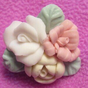 Vintage Ceramic Bisque Flower Cluster Pin Brooch Yellow Pink White Roses 1 1/2"